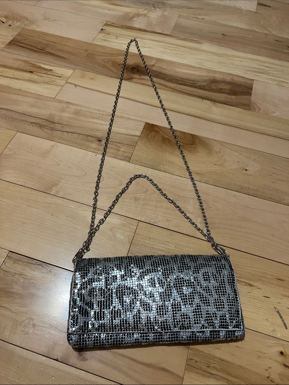 Vintage Metallic Silver Leopard-Print Chain Shoulder Bag
